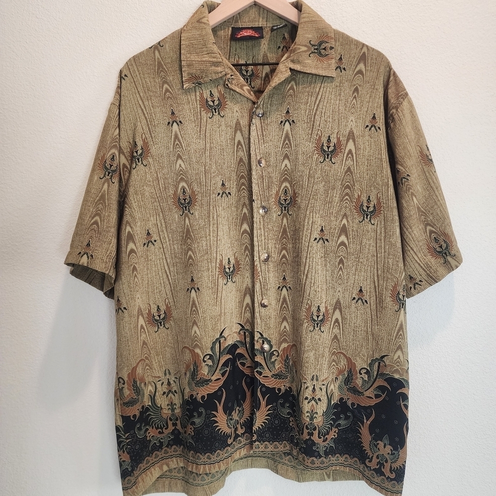 Vintage 7 Diamonds Mens Batik Pattern Button Up Shirt Short Sleeve Brown Size L